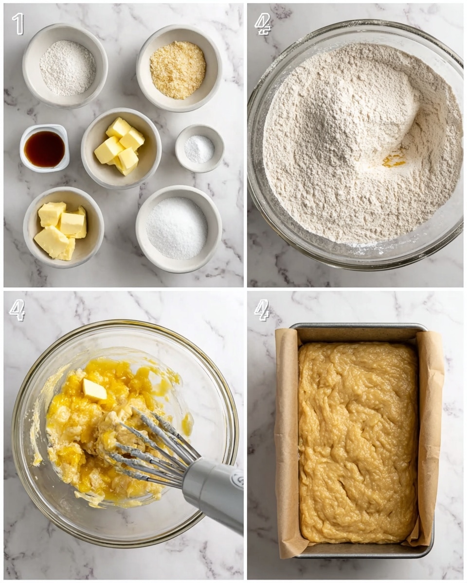 The image is divided into four parts showing steps of making a batter. The first part displays six small white bowls on a white marbled surface arranged around a large clear glass bowl filled with white flour; the small bowls contain yellow butter chunks, white sugar, dark vanilla extract, smashed bananas, two raw eggs, and white baking powder. The second part shows a closer view of the large clear glass bowl on the white marbled surface, now with the eggs and vanilla mixed with the flour, and smashed yellow bananas on top, while a silver electric mixer with two beaters is inserted in the bowl. The third part shows the same glass bowl with the mixer now blending in more white flour, stirring a thick yellowish batter on the white marbled surface. The fourth part shows a rectangular baking pan lined with brown parchment paper filled with light brown batter that has a textured, uneven surface. Photo taken with an iphone --ar 4:5 --v 7