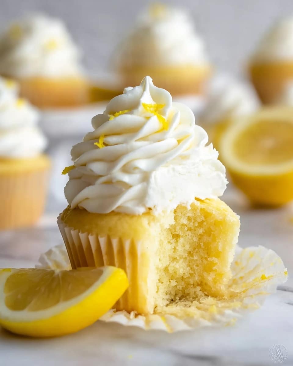 There are four lemon cupcakes shown on a white marbled surface. Each cupcake has one thick base layer of light yellow cake with a ridged white cupcake liner around it. On top of the cake, there is a large swirl of creamy white frosting with soft peaks. Some cupcakes have a thin round slice of lemon tucked into the frosting as decoration. There are small yellow zest bits sprinkled around on the surface along with some lemon slices and halves scattered nearby, adding a fresh look. One cupcake is placed on a white cake stand at the back while the others sit right on the surface. The background is soft and blurry with a neutral light tone. Photo taken with an iphone --ar 4:5 --v 7