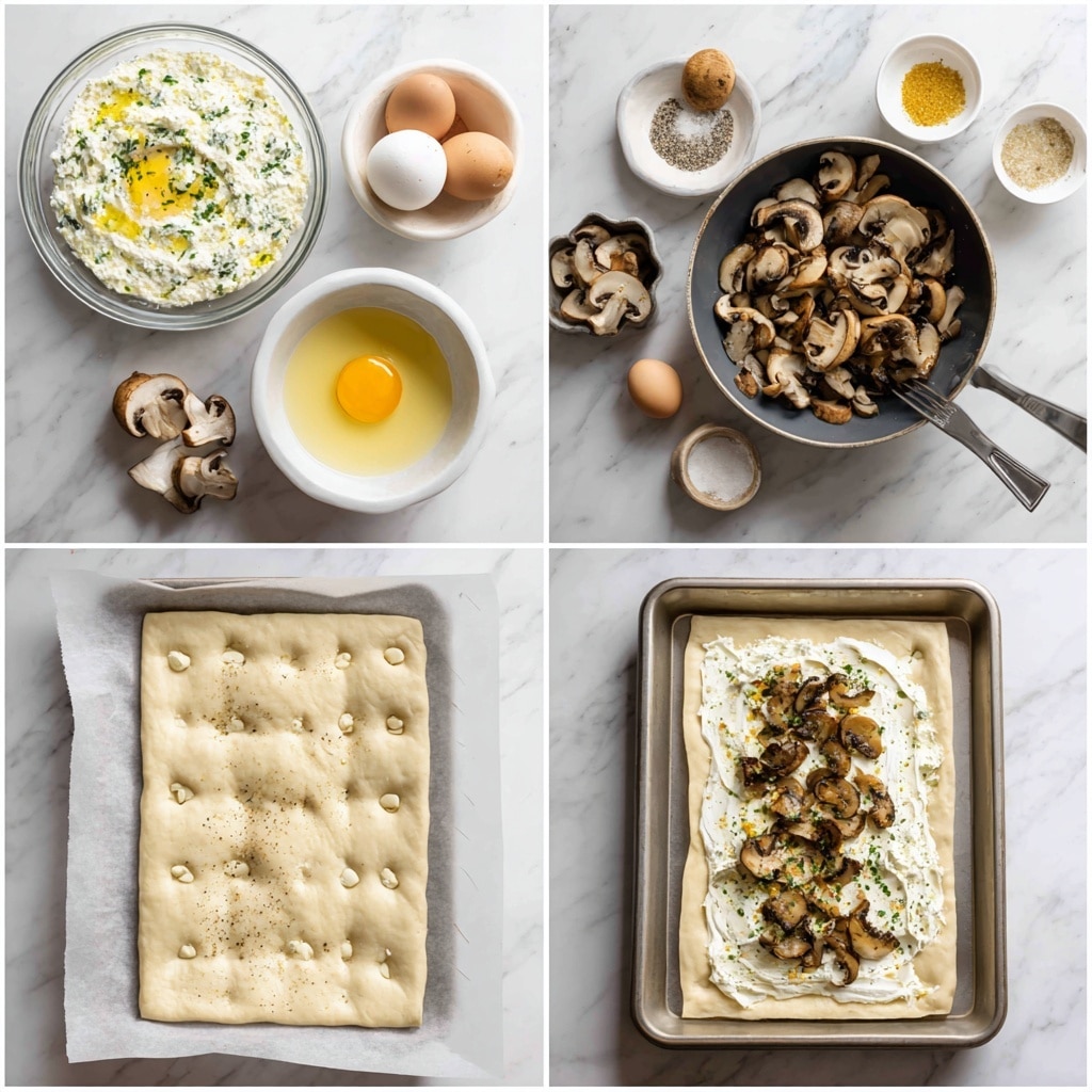 The image shows a four-step cooking process on a white marbled surface. In step one, there is a clear glass bowl with creamy, white cheese with green herbs mixed in, a white bowl with an egg yolk, and a bowl of sliced brown mushrooms. Step two shows cooked mushrooms in a dark gray pan with some oil, next to small white bowls containing pepper and salt, and parts of the cheese and egg bowls are visible. Step three shows a rectangular sheet of dough on parchment paper on a metal tray, with a woman's hand using a fork to poke holes evenly in the dough. Step four displays the same dough on the tray with a thick layer of white cheese spread inside a smaller rectangle in the center, topped with cooked brown mushrooms and sprinkled with black pepper. Photo taken with an iphone --ar 4:5 --v 7