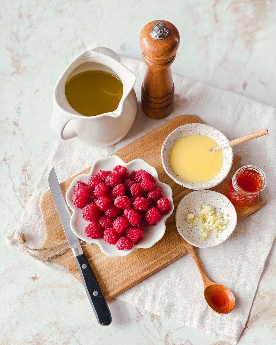 A wooden board sits on a white cloth over a white marbled surface, holding a small white flower-shaped bowl filled with bright red raspberries arranged closely together. Next to the bowl, there is a pile of finely chopped shallots with a knife next to it, its black handle resting on the cloth. Above the board, a white pitcher filled with golden olive oil is placed on the white marbled surface. To the right of the pitcher, a small white speckled bowl contains a smooth light yellow sauce with a wooden spoon standing upright in it. Next to the bowl, there is a small glass bottle with a reddish-orange liquid inside. Behind all these items, a wooden pepper grinder stands upright. Photo taken with an iphone --ar 4:5 --v 7