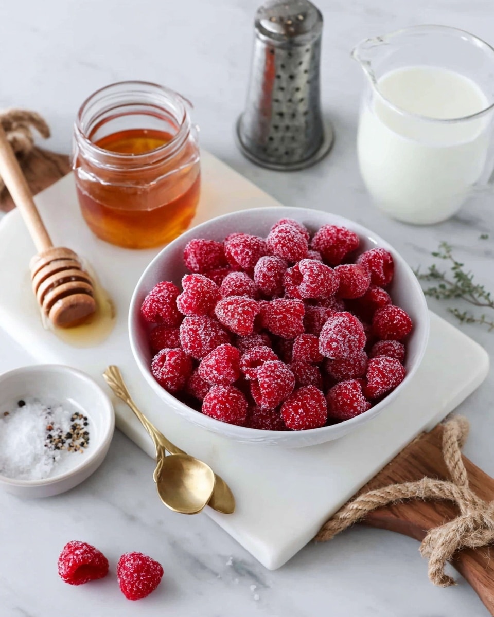 Two clear glass jars are filled with a smooth, pink raspberry smoothie topped with white coconut flakes and whole raspberries. The jars sit on a white marbled board with a small white bowl filled with more coconut flakes near the top right side. Around the jars and board, frozen raspberries and scattered coconut flakes add texture and color. To the left, there is a small jar of honey, a wooden honey dipper, and a small metal grinder on the white marbled surface. A thin gold spoon rests on a small wooden board that holds a white round dish containing a small pile of ground black pepper and salt. The overall scene is bright and clean. photo taken with an iphone --ar 4:5 --v 7