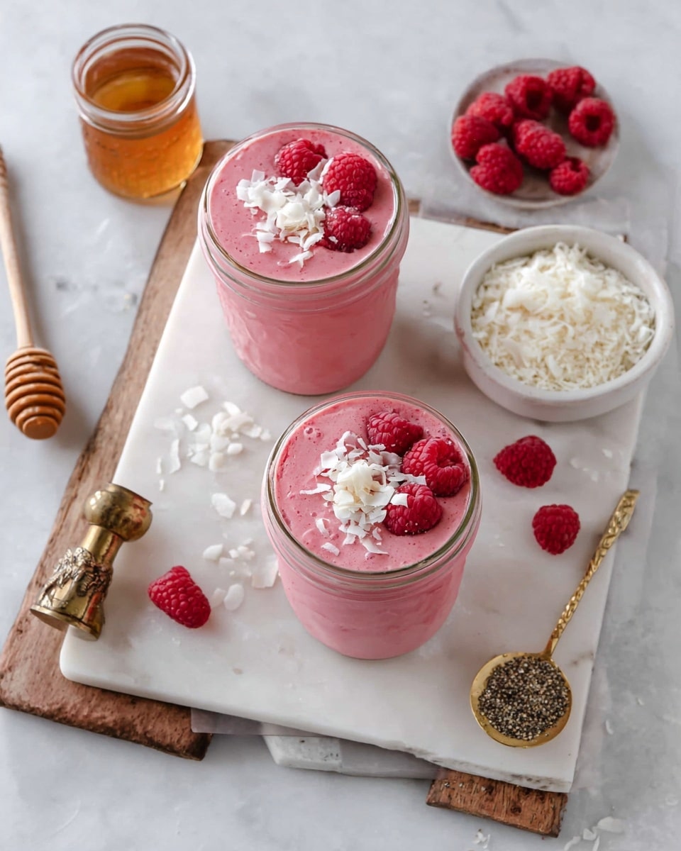 The image shows two clear glass jars filled with a thick, pink smoothie that has a creamy texture and tiny bits of fruit visible throughout. Each jar is decorated on top with small white coconut flakes and a single red raspberry near the rim. One jar has a shiny golden spoon inserted into the smoothie. The jars are placed on a white marbled surface, and in the background, there is a small white bowl with more coconut flakes blurred out. The overall look is fresh and inviting with soft natural lighting. Photo taken with an iphone --ar 4:5 --v 7