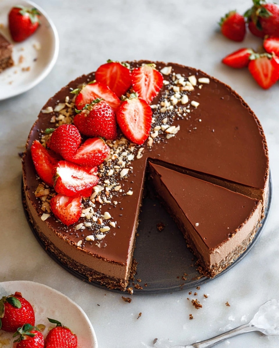 This image shows a round chocolate mousse cake with two layers. The bottom layer is a textured crumbly brown crust, and the top layer is a smooth, thick, dark chocolate mousse. The top is decorated with whole and sliced red strawberries, small bits of nuts, and some tiny black seeds scattered over the surface. A slice is missing from the cake, showing the inside clearly. The cake is on a dark base, placed on a white marbled surface. Photo taken with an iphone --ar 4:5 --v 7