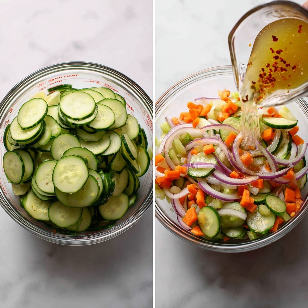 The image shows a glass jar filled with thin, round slices of bright green cucumber layered with thin slices of red onion. Small pieces of red chili and sesame seeds are scattered on top and between the layers. The jar is open and placed on a white marbled surface with a metal and orange-rimmed jar lid visible to the side. The fresh vegetables inside the jar look crisp and colorful, stacked neatly in layers. Photo taken with an iphone --ar 4:5 --v 7