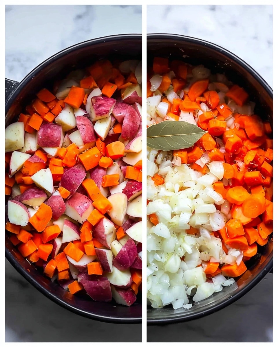 The image shows two side-by-side top views of a cooking pot containing chopped vegetables on a white marbled surface. On the left side, there is a single layer of roughly cut pieces of red-skinned potatoes and bright orange carrots, with a clear view of the pot’s black interior. On the right side, over the same layer of potatoes and carrots, there is a second layer made up of finely chopped white onions scattered evenly, along with one green bay leaf placed near the center. The vegetables fill the pot but do not overflow, and the colors contrast well against the black pot and white marbled background. Photo taken with an iphone --ar 4:5 --v 7