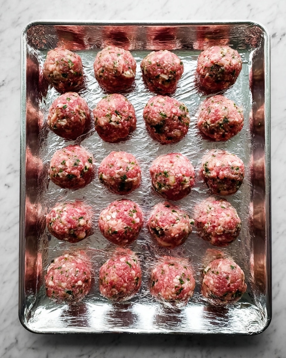 Fifteen round raw meatballs are spread out evenly on a baking tray lined with shiny aluminum foil. The meatballs show a mix of pinkish-red meat with small bits of green herbs and white pieces mixed in, giving them a textured appearance. The foil is slightly wrinkled, reflecting light, and the tray rests on a white marbled surface. The meatballs are arranged in three rows of five, each with a rough but rounded shape. photo taken with an iphone --ar 4:5 --v 7