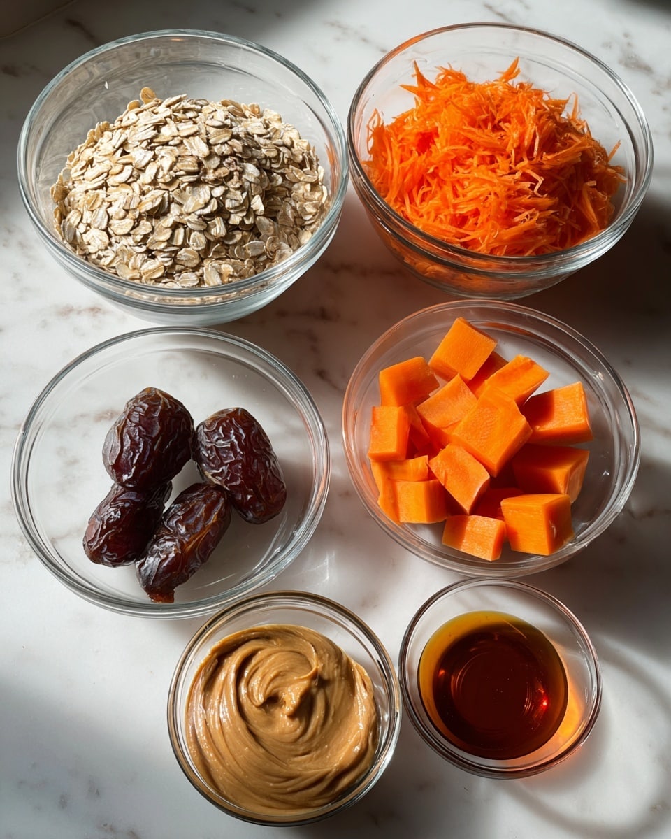 Six clear glass bowls with different ingredients are arranged on a white marbled surface. The largest bowl at the top left holds light beige rolled oats, filling it nearly to the brim with a dry, flaky texture. To the right, a bowl is piled high with bright orange shredded carrots, soft and fibrous. In the center, a smaller bowl contains four dark brown dates with a glossy, slightly wrinkled surface. Below and to the left, a bowl holds creamy light brown peanut butter with a smooth, thick texture and a swirl on top. To the right of the peanut butter, a small bowl has several bright orange carrot cubes, cut into neat small squares. Finally, a small bowl on the far right has a dark amber liquid with a shiny, reflective surface. The overall setting is bright with soft natural light. photo taken with an iphone --ar 4:5 --v 7