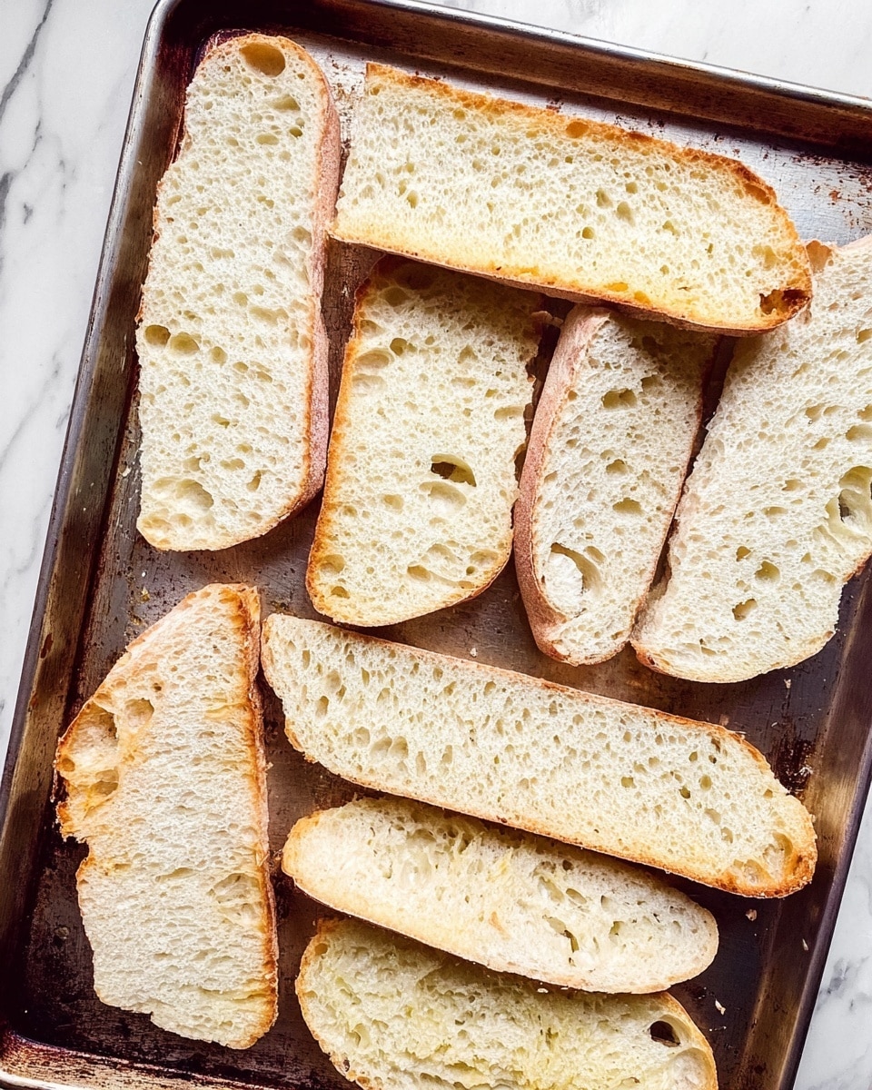 The image shows many slices of white bread with a light golden crust, laid flat on a metal baking tray. The bread slices have a rough, airy texture with many holes and bubbles inside. Some slices are long and narrow, while others are rectangular. The metal tray beneath has a worn, slightly darkened look with some burnt spots. The tray is placed on a white marbled surface. photo taken with an iphone --ar 4:5 --v 7
