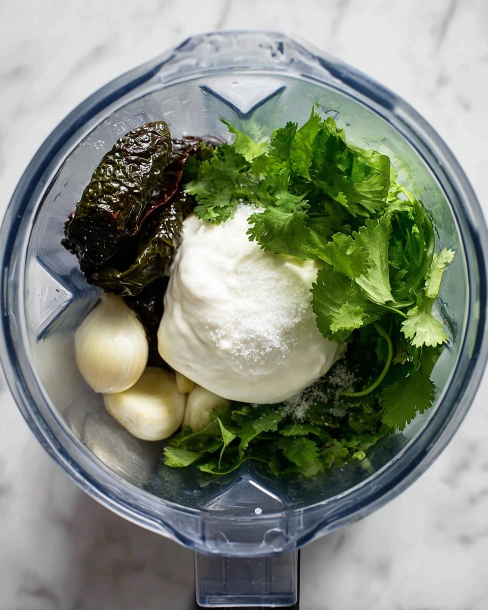 Inside a clear blender, there are four main layers: at the bottom are dark green, wrinkled roasted chiles; above them are three whole white garlic cloves; to the right side is a bunch of fresh green cilantro leaves; and on top near the center is a large dollop of smooth, creamy white sour cream scattered lightly with white salt grains. The clear blender sits on a white marbled surface. photo taken with an iphone --ar 4:5 --v 7