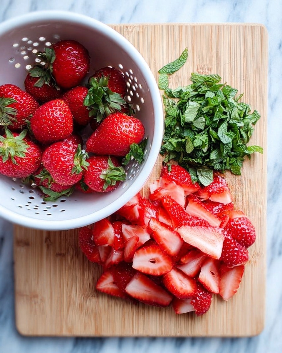 The image shows three main parts on a wooden board placed over a white marbled surface. On the left, a white colander holds whole fresh red strawberries with green tops. In the center, many sliced strawberries lay flat, showing their bright red inside with small seeds visible. On the right, a small pile of finely chopped green leaves, likely mint, adds a fresh touch to the scene. The colors contrast well with the light wood and white marble background, presenting a fresh and inviting look. Photo taken with an iphone --ar 4:5 --v 7