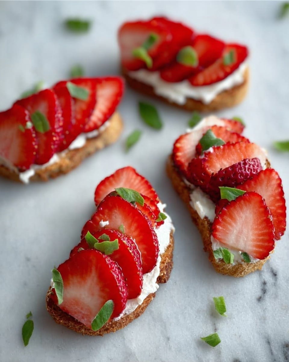 The image shows several small round pieces of light brown bread topped with a smooth white spread layer. On top of the spread, thin, bright red slices of strawberry are arranged in a fan shape. Small green herb leaves are scattered on the strawberries and around the bread pieces. The food is placed on a flat white marbled surface. Photo taken with an iphone --ar 4:5 --v 7