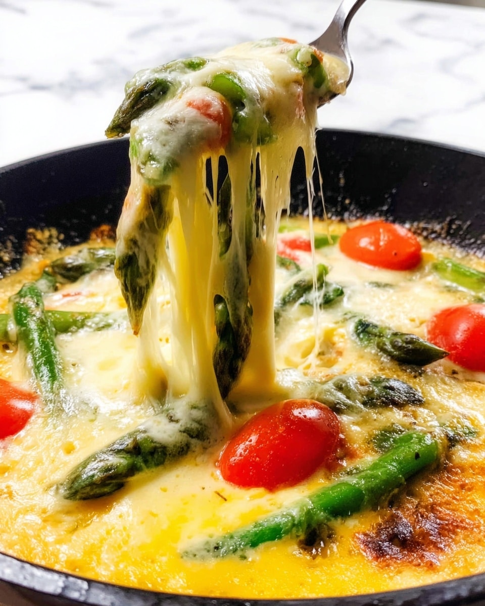 A close-up of a black pan filled with melted yellow cheese as the base layer, bubbling and stretching up as a fork lifts a portion. Inside the cheese, there are whole bright green asparagus spears and halved red cherry tomatoes scattered on top, partially covered by the cheese. The cheese texture is thick and stringy, covering the fresh vegetables, and the pan rests on a white marbled surface. photo taken with an iphone --ar 4:5 --v 7