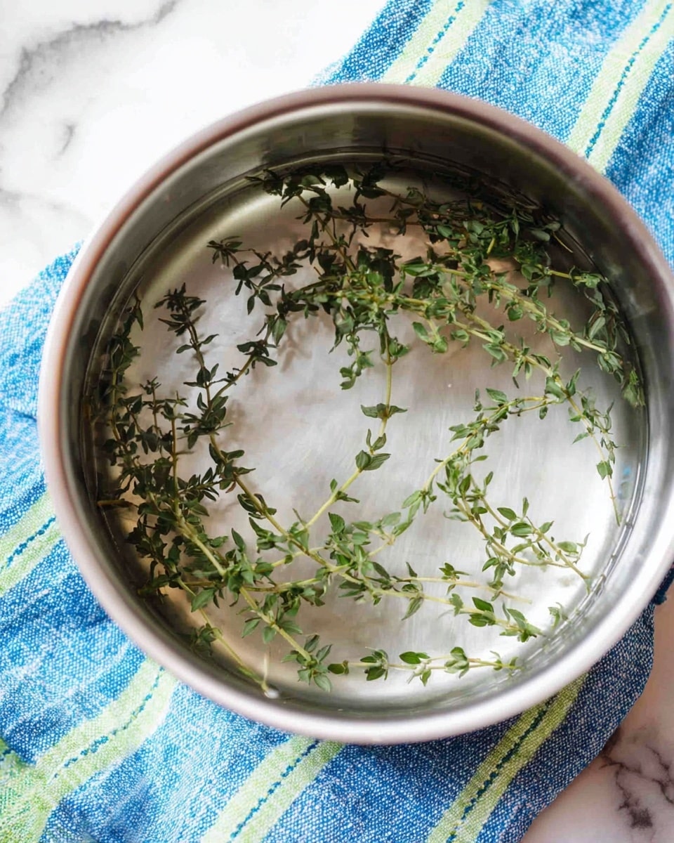The image shows a stainless steel pot filled with clear water and fresh green thyme sprigs floating on the surface. The pot rests on a white marbled surface with a blue and green striped cloth partially visible underneath it. The thyme stems and small leaves create a natural green pattern against the shiny silver metal and clear water inside the pot. Photo taken with an iphone --ar 4:5 --v 7