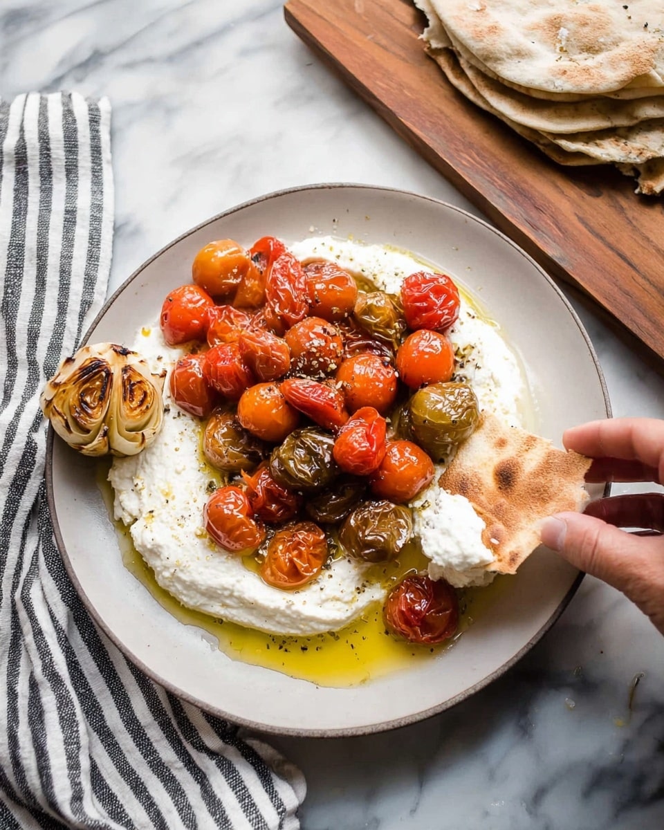 A white plate holds a smooth, thick layer of white creamy cheese spread at the base, slightly uneven with some olive oil pooling on top on the right side. Over this layer is a pile of roasted cherry tomatoes in various colors, mostly red and some greenish-brown, with wrinkled skin and a shiny, oily texture. To the left side of the plate, there is a roasted garlic bulb with a golden-brown surface. A woman's hand is holding a triangular piece of flatbread that is light brown with some darker spots, dipping into the cheese spread on the right edge of the plate. In the background, there is a wooden cutting board stacked with folded flatbreads and a white cloth with black stripes, all placed on a white marbled surface. photo taken with an iphone --ar 4:5 --v 7
