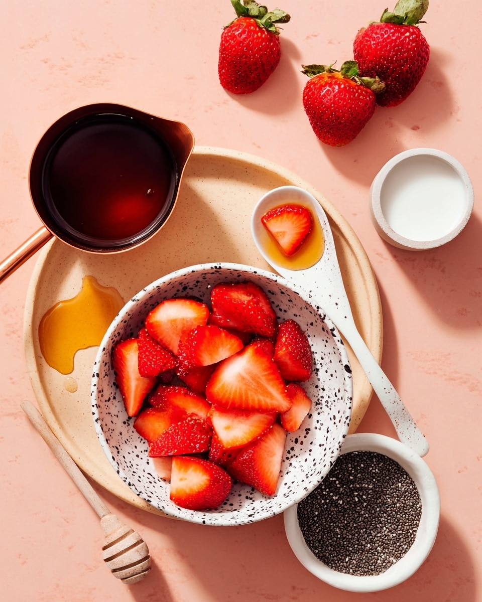 A close-up top view shows a white bowl with black specks filled with bright red, sliced strawberries, sitting on a light peach-colored plate. To the left of the bowl is a copper measuring cup filled with dark maple syrup, with a small drop spilled on the plate nearby. Above the bowl, a white ceramic spoon holds a small amount of golden honey and sits next to a quarter strawberry piece. To the right is a white bowl with black specks filled with white milk, and below it, a small white bowl filled with black chia seeds. The background is a smooth pink surface with three whole red strawberries scattered around. photo taken with an iphone --ar 4:5 --v 7