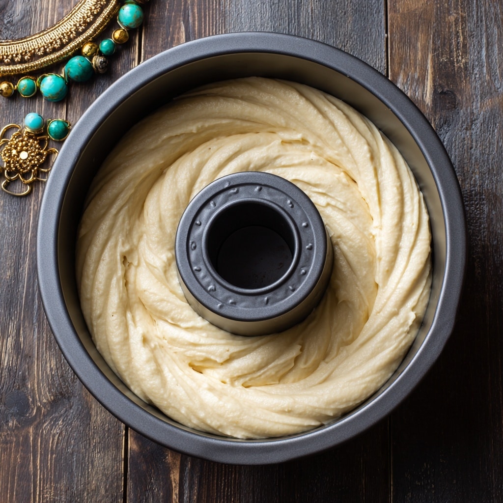 A metal bundt pan filled with light beige cake batter, spread evenly to cover the bottom and sides, showing soft swirling texture from spreading. The pan has a central tube hole and a fluted edge shape. Two woman's hands hold the pan, one on each side, showing green nail polish with gold accents and bracelets on wrists. The pan rests on a dark wooden surface with visible grain. photo taken with an iphone --ar 4:5 --v 7