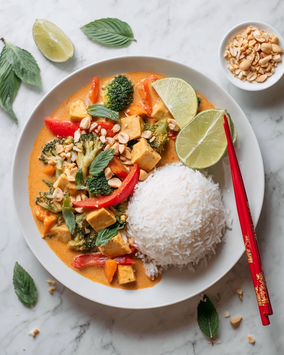 A white plate holds two main sections: on the right, a mound of fluffy white rice shaped like a dome, topped with two lime wedges and some green leaves; on the left, a creamy orange curry with visible chunks of tofu, red and yellow bell peppers, broccoli, and green basil leaves, all sprinkled with small pieces of chopped nuts. Next to the plate, white marbled surface shows a pair of red chopsticks with gold patterns resting on the plate's edge, lime slices, scattered green leaves, and a small white bowl with chopped nuts. Photo taken with an iphone --ar 4:5 --v 7
