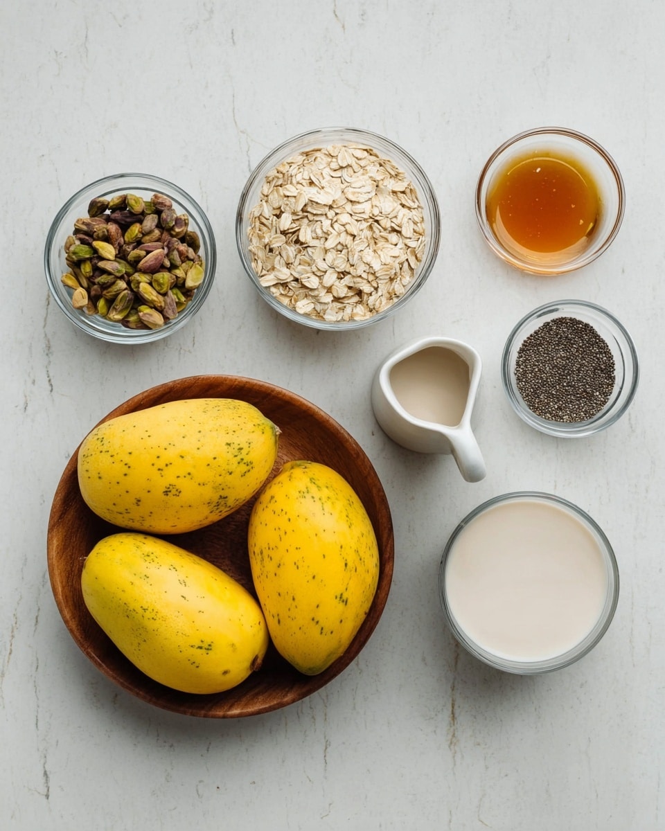 A thick glass filled with three layers: the first layer is a creamy yellow mango pudding mixed with black chia seeds, filling most of the glass; the second layer shows large bright orange mango cubes scattered inside and on top; the third layer is a sprinkle of sliced almonds and pistachios on the surface, adding texture and color contrast. A spoon lifts a portion of the pudding with visible mango pieces and nuts. In the background, a whole mango and sliced mango pieces rest on a wooden board over a white marbled surface. Photo taken with an iphone --ar 4:5 --v 7
