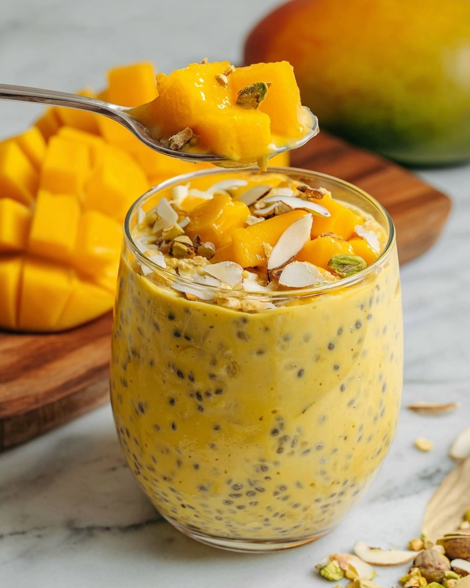 Two clear glasses are filled with a thick mango pudding that has a creamy yellow color with small black chia seeds spread evenly inside. Each glass is topped with small bright orange mango cubes and sprinkled with slivered nuts, placed near the center of the top layer. The glasses sit on a round piece of wood with bark edges, placed on a white marbled surface. Nearby, there is a half mango with a bright yellow pulp and large skin visible on a wooden board. A few scattered pistachios and a cinnamon stick lie beside the glasses. The photo is taken with an iphone --ar 4:5 --v 7