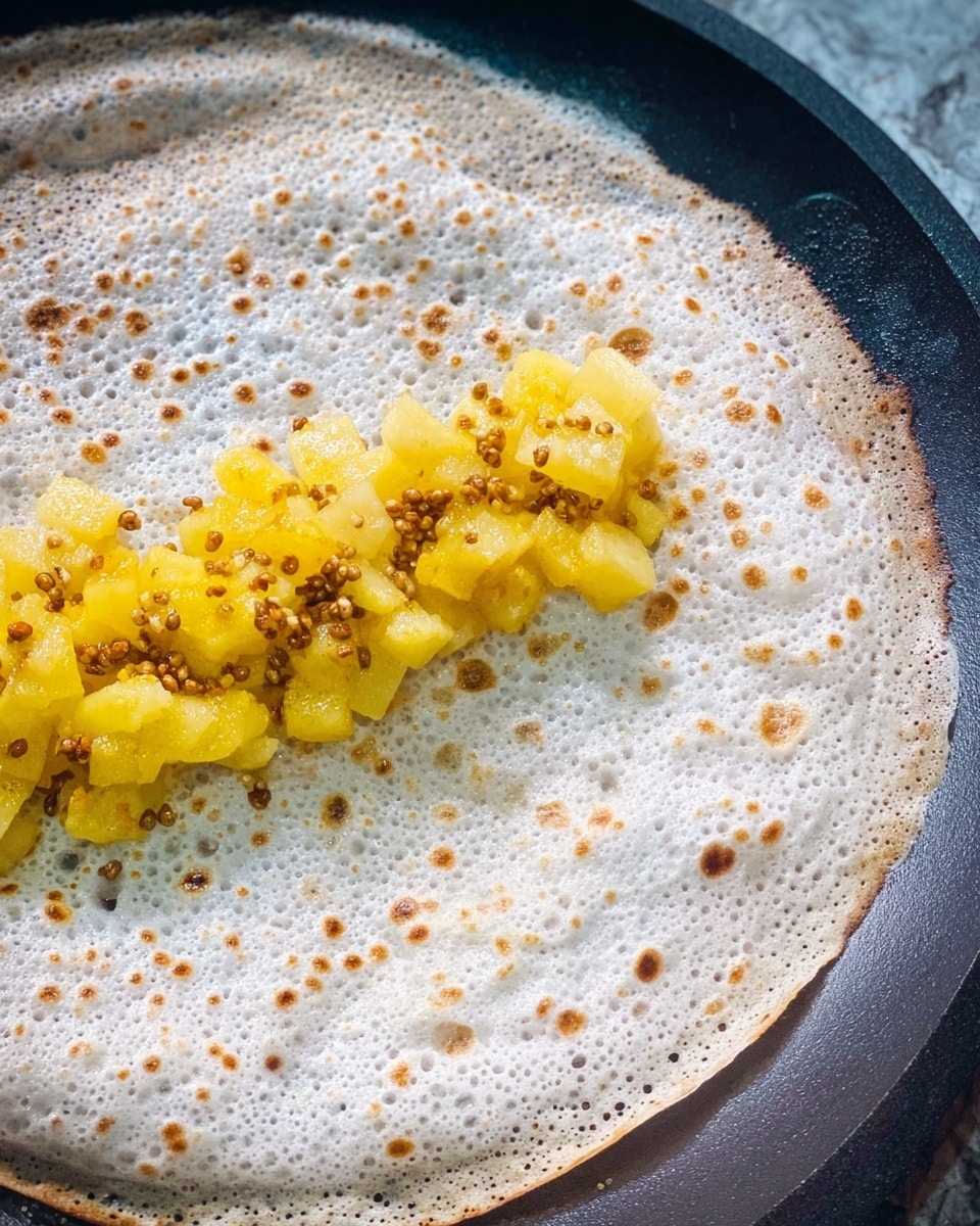 A single golden-brown dosa folded in half on a black griddle, showing its crispy outer layer with a slightly porous texture, enclosing a soft, yellow mashed potato filling inside. The dosa's edges are thin and slightly curled, with a light and airy look near the open end, while the potato layer inside appears smooth and evenly spread. The griddle has a worn and dark surface with some oil spots and a metal spatula underneath the dosa. The background is a white marbled texture. Photo taken with an iphone --ar 4:5 --v 7