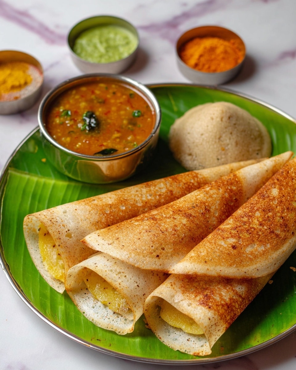 A white plate covered with a bright green banana leaf holds three folded dosas in a row, each with a light golden to brown crispy texture, slightly open at one end showing a soft yellow potato filling inside. On the top right side of the plate is a small round mound of beige coconut chutney with a grainy texture. On the left side of the plate, a small metallic bowl filled with orange-brown sambar, a lentil soup with visible small vegetable pieces, sits on the banana leaf. Around the plate are small bowls of colorful chutneys, with one green and another orange powder, set against a white marbled surface. photo taken with an iphone --ar 4:5 --v 7