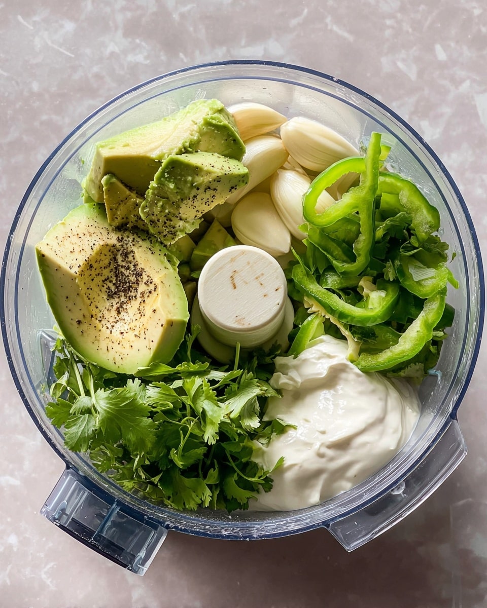 A clear blender bowl sits on a white marbled surface, filled with several fresh ingredients grouped in separate sections. There are pale green sliced avocado pieces with some black pepper sprinkled on top on one side. Next to it, whole peeled garlic cloves lay in a small cluster. Bright green bell pepper slices are positioned near the avocado. A bunch of fresh dark green cilantro leaves fills one corner, showing their textured leaves clearly. On the opposite side of the cilantro, there is a dollop of thick white creamy sauce. The blender blade sits in the middle, slightly covered by some of the creamy sauce. The photo taken with an iphone --ar 4:5 --v 7