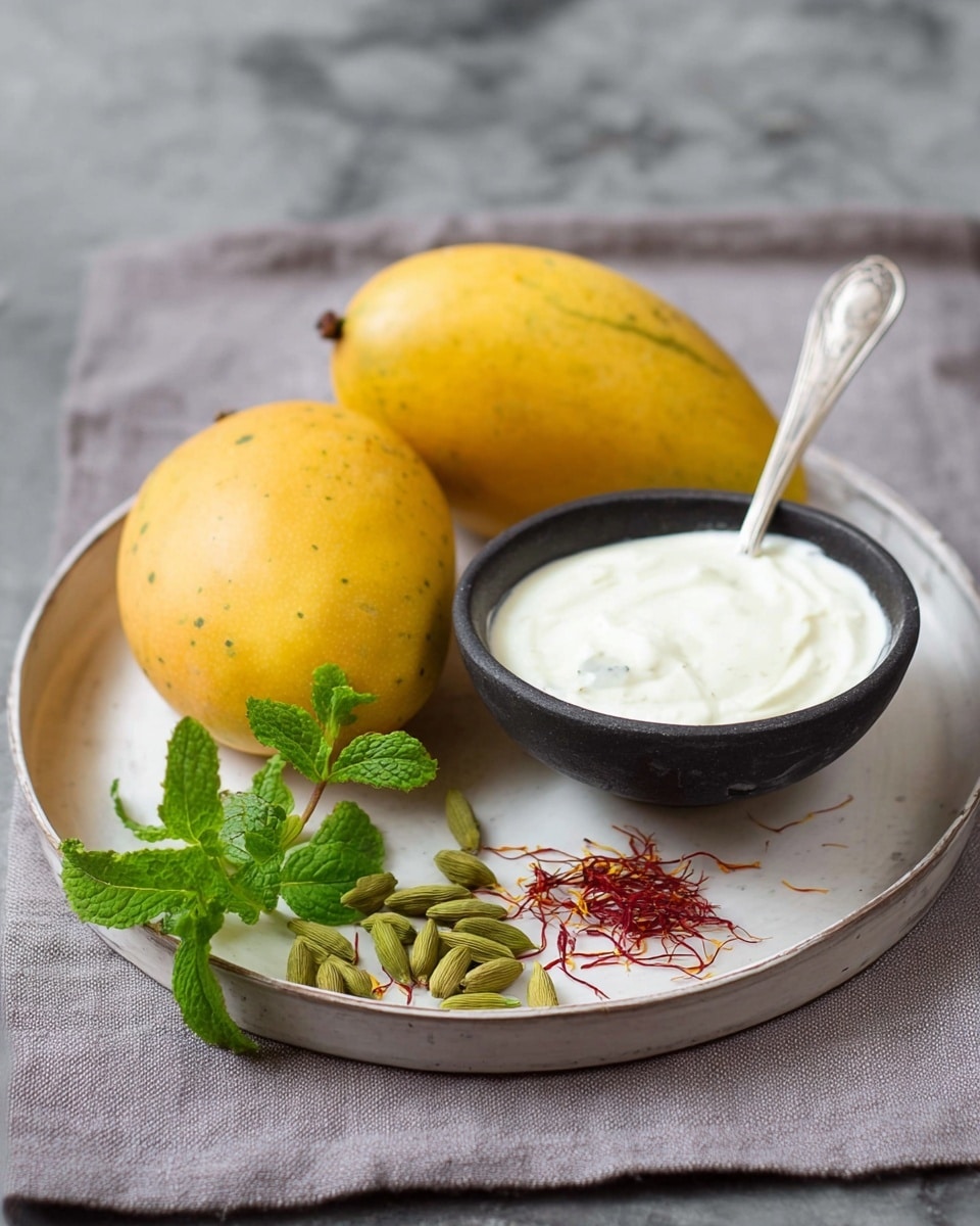 Two yellow mangoes with slight green and brown spots rest on a round white plate with a slightly shiny, smooth surface. Next to them is a small black bowl filled with creamy white yogurt, topped with a silver spoon standing inside it. On the plate near the bowl, there is a small bunch of fresh green mint leaves, a few pale green cardamom pods, and a small pile of thin red saffron strands. The plate is placed on a grey cloth over a white marbled surface. photo taken with an iphone --ar 4:5 --v 7
