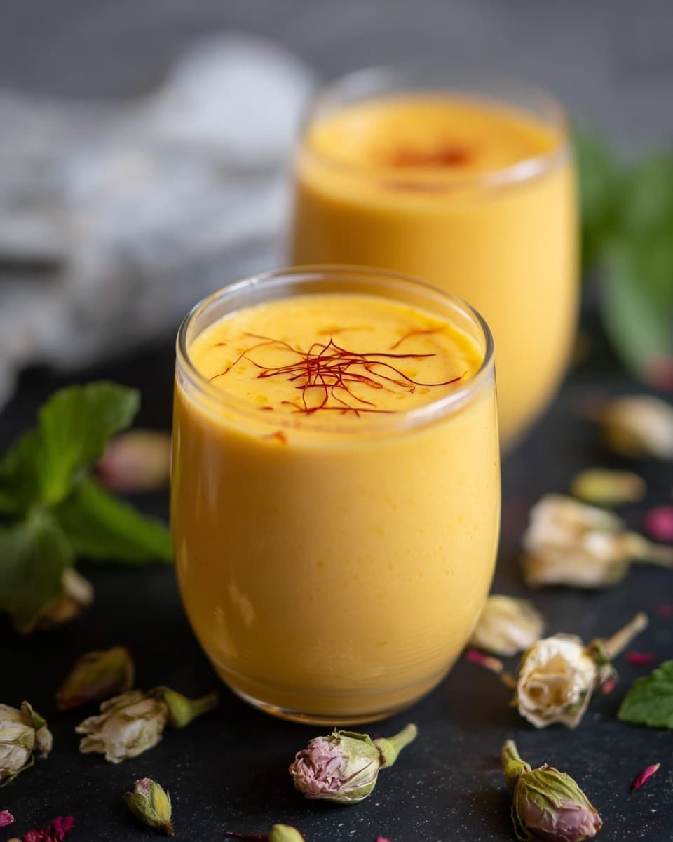 Two small clear glasses hold a smooth and creamy orange-yellow drink with thin saffron strands on top. The glass in front is fully visible and filled close to the rim, while the second glass in the background is slightly out of focus. Both rest on a dark surface scattered with green mint leaves and pale dried flower petals. The whole scene is set on a white marbled texture background with soft lighting. photo taken with an iphone --ar 4:5 --v 7