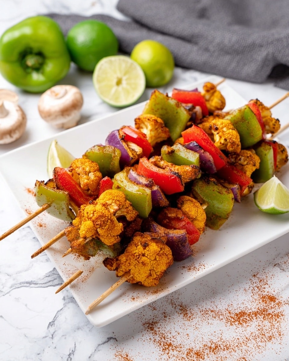 There are four wooden skewers on a white square plate placed on a white marbled surface. Each skewer has several layers starting with a light brown mushroom at the bottom, followed by a green bell pepper piece, then a pinkish-red tomato slice, a piece of light brown chicken, another green bell pepper piece, and a slice of purple onion at the top. Small brown spices are sprinkled around the skewers on the plate. Two bright green lime wedges are visible at the bottom right corner of the image. Photo taken with an iphone --ar 4:5 --v 7