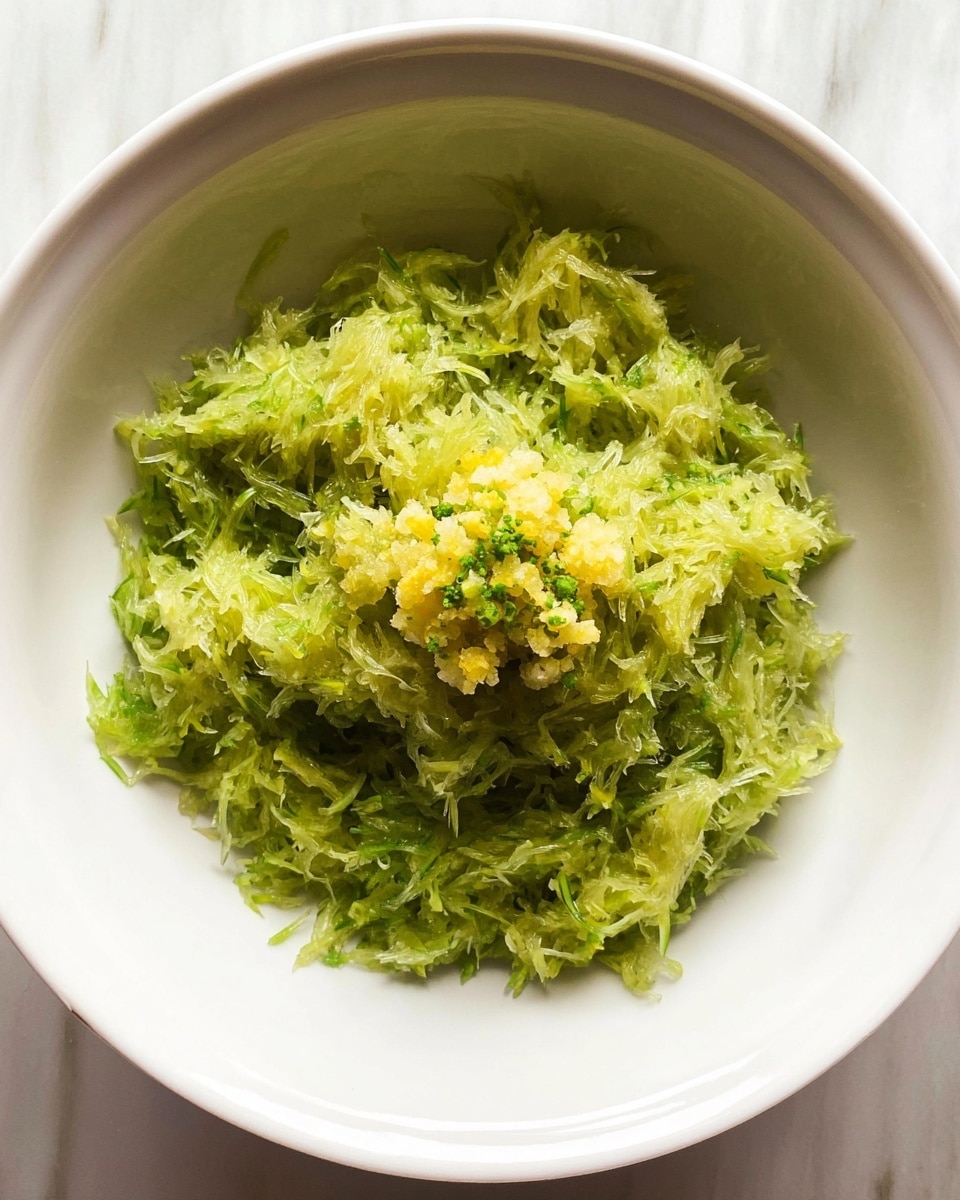A white bowl filled with a green shredded vegetable forming the base layer, looking soft and moist with fine strands spread evenly. On top, there is a small mound of finely chopped yellow ingredient mixed with tiny green pieces, adding a slight contrast in color and texture. The bowl sits on a white marbled surface. Photo taken with an iphone --ar 4:5 --v 7