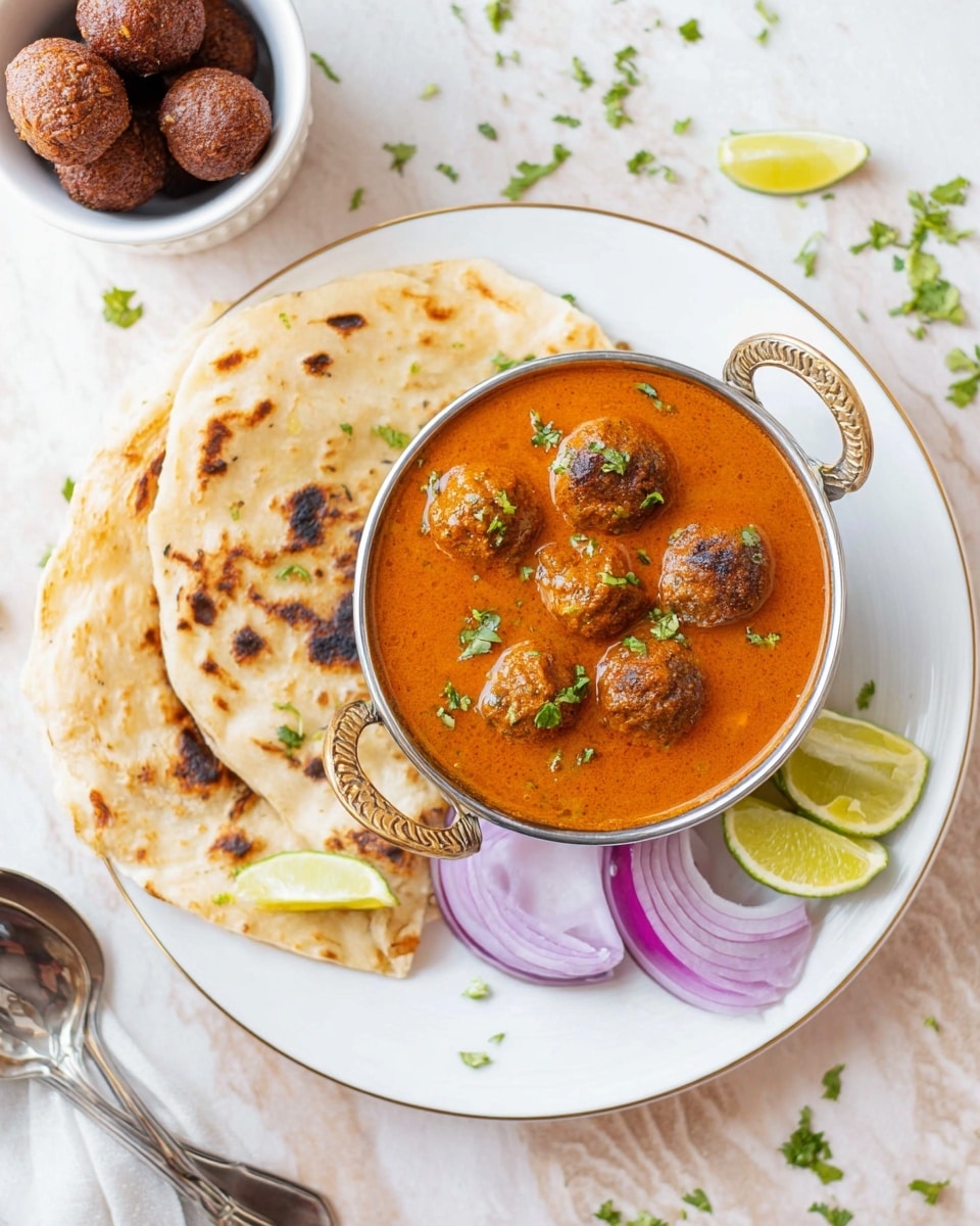 The image shows a white plate with a small metal bowl in the center holding orange curry with six round brown balls, garnished with small green herb pieces. On the plate next to the bowl are three folded white naan pieces with brown char marks, and a small pile of purple onion slices along with two lime wedges. To the upper left, there is a small white bowl with five brown fried balls. The background is a white marbled texture with scattered chopped green herbs and two silver spoons at the bottom left corner. Photo taken with an iphone --ar 4:5 --v 7