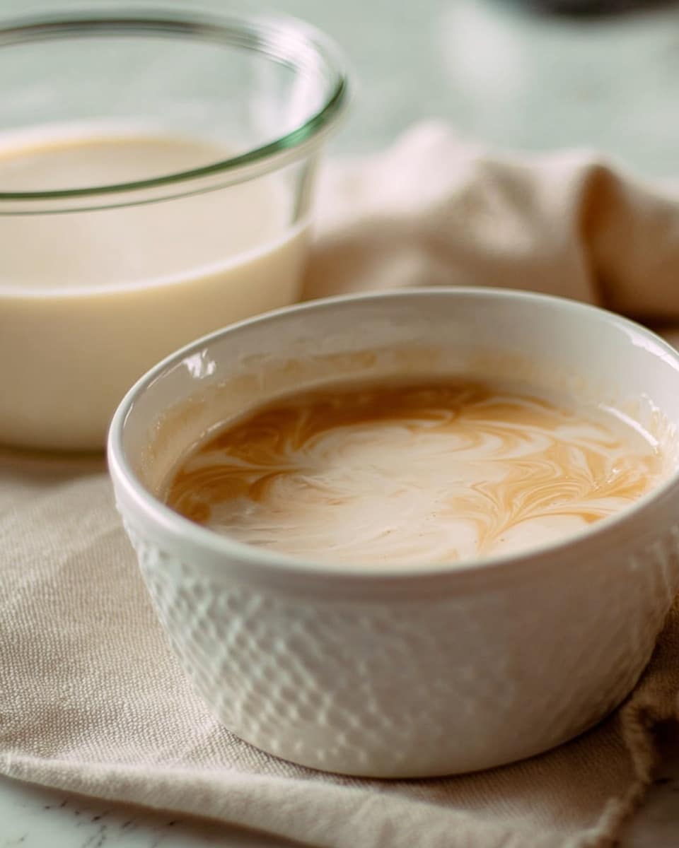 A white textured bowl filled with a light creamy mixture that has soft swirl patterns of a light brown liquid on the surface, placed on a light fabric over a white marbled texture table; in the background, there is a glass container with a thick cream-colored liquid inside. photo taken with an iphone --ar 4:5 --v 7