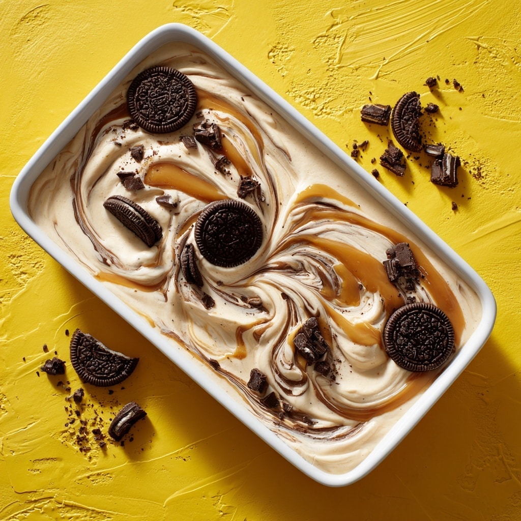 A tall waffle cone with a brown grid texture holds two scoops of creamy beige ice cream mixed with dark cookie pieces, some of which are larger chunks visible on the surface. The ice cream is slightly melting and dripping down onto a clear glass cup supporting the cone from below. Around the base, dark chocolate sandwich cookies with white cream filling are placed on a wooden table scattered with small green leaves, and a black and beige checkered cloth rests to the right. The background is solid bright yellow with a soft focus, while the scene sits on a white marbled surface. Photo taken with an iphone --ar 4:5 --v 7