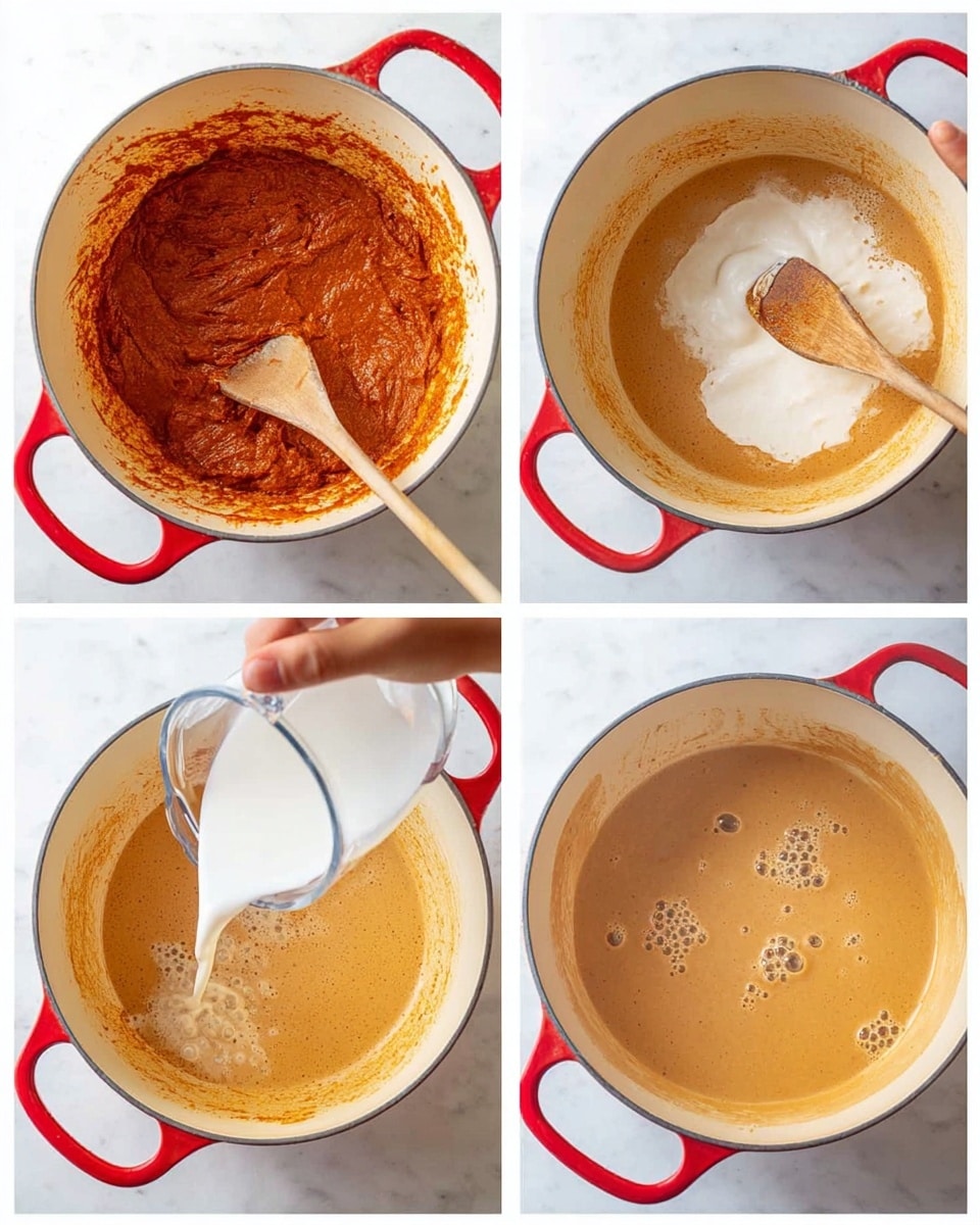 A sequence of four photos shows the cooking process in a white pot with red handles on a white marbled surface. The first photo shows thick reddish paste spread unevenly inside the pot. In the second photo, a wooden spoon held by a woman's hand stirs the paste with some light cream added along one side, creating a mix of red and cream colors. The third photo shows a woman's hand pouring white liquid from a clear measuring cup into the now lighter, orange-brown mix, with steam rising. The fourth photo reveals the pot filled with a smooth, creamy, light orange sauce with small bubbles on top. Photo taken with an iphone --ar 4:5 --v 7