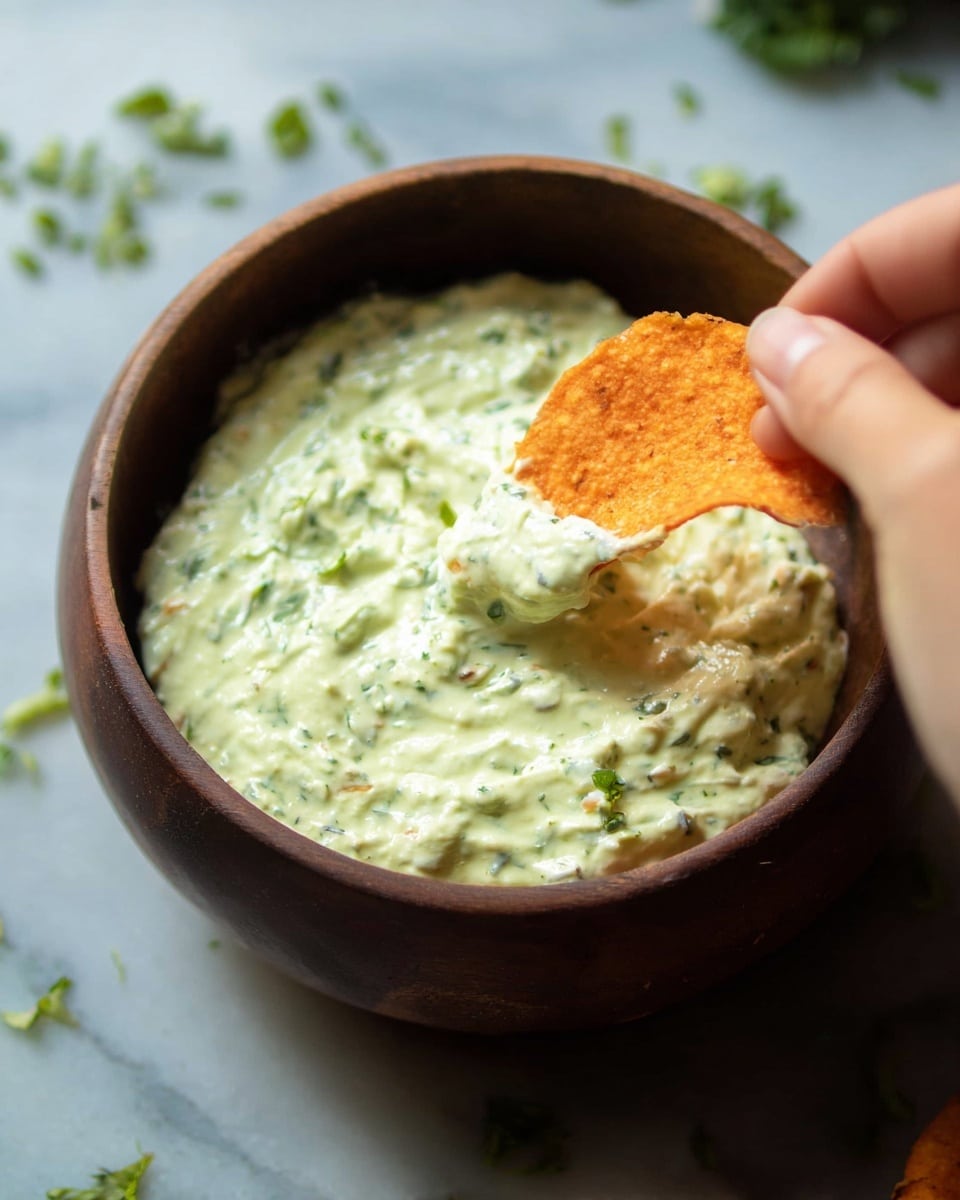 A close-up view of a creamy dip with a light yellow-green color, showing a smooth but slightly textured surface with small green herb bits mixed in; it fills a round brown wooden bowl almost to the top, and a single bright green cilantro leaf sits in the center as a garnish, all placed on a white marbled surface with a few scattered green herb pieces around. photo taken with an iphone --ar 4:5 --v 7