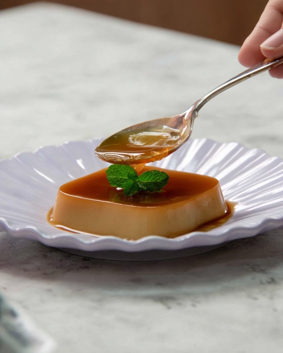 A single smooth, light brown jelly dessert with a glossy surface is placed in the center of a white rectangular dish with a slight purple tint on the edges. The jelly is surrounded by a darker brown sauce that spreads evenly around it. A small green mint leaf sits on top of the jelly for decoration. A spoon rests inside the dish, having scooped up a heart-shaped piece of the jelly, showing its soft texture against the dark sauce. The dish is set on a white marbled surface. photo taken with an iphone --ar 4:5 --v 7