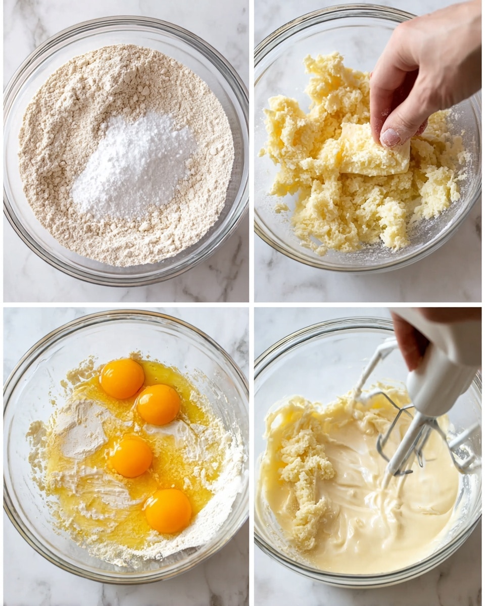 A collage of four images shows the process of mixing ingredients in a clear glass bowl on a white marbled surface. The first image shows dry ingredients, light beige flour mix with white baking powder and salt, resting separately in the bowl. The second image shows a woman's hand rubbing cold butter into the dry mix, creating small clumps with a soft, crumbly, pale yellow texture. The third image shows the bowl with a creamy, light yellow butter and sugar mix with two raw egg yolks added on top, bright orange in color. The fourth image shows the mixture after some mixing, now a pale yellow creamy batter with some white liquid being added, likely milk, with a hand mixer inside the bowl. Photo taken with an iphone --ar 4:5 --v 7