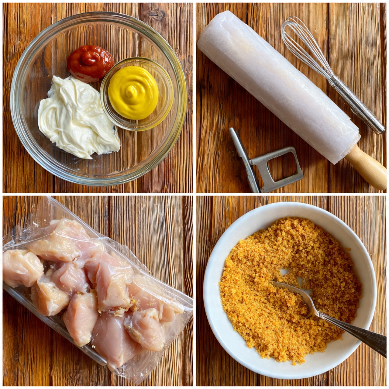 The image shows four separate pictures with cooking steps on a wooden surface. The first picture has a glass bowl with white mayo, yellow mustard, and red sauce, along with a small whisk. The second picture shows raw pale pink chicken pieces in a glass bowl, topped with white sauce and metal tongs. The third picture presents a rolling pin resting on a clear plastic bag filled with crushed golden-orange crumbs. The fourth picture shows a white bowl filled with the same golden-orange crumbs and a silver spoon inside. Photo taken with an iphone --ar 4:5 --v 7