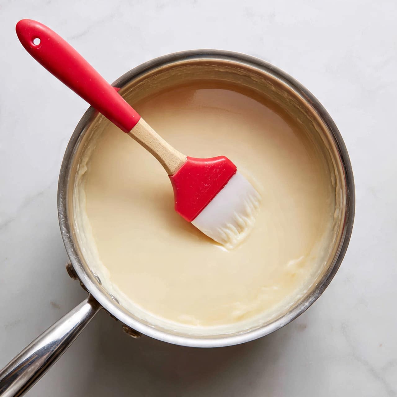 A close-up image of a shiny silver pot filled with a smooth, pale cream-colored liquid. A red spatula with a white head is partly submerged, gently stirring the mixture. The pot is placed on a white marbled surface, with soft natural lighting creating a calm kitchen atmosphere. The photo is simple and focused on the creamy texture inside the pot. photo taken with an iphone --ar 4:5 --v 7
