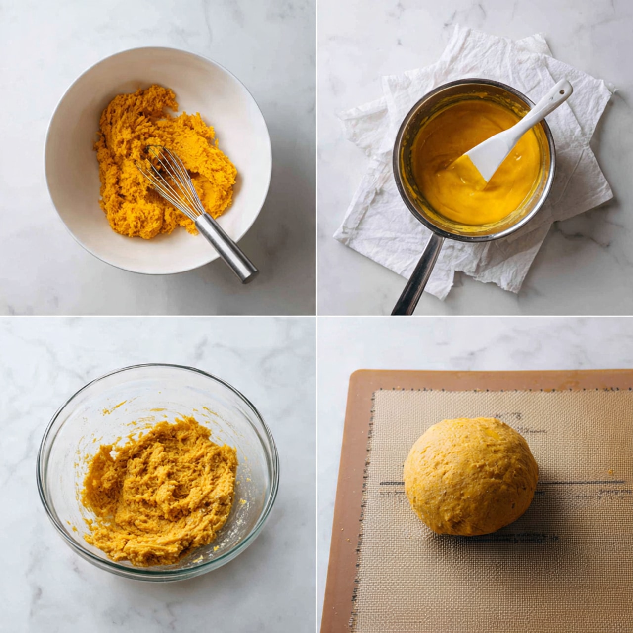 The image is divided into four parts showing different stages of dough making. In the first part, a white bowl holds bright orange mashed pumpkin with a silver whisk inside, placed on a white marbled surface. The second part shows a silver saucepan with smooth yellow-orange pumpkin mixture and a white spatula resting inside, set atop white cloths on the white marbled surface. The third part displays a clear glass bowl with a rough, sticky dough combining flour and pumpkin mixture, with a white spatula inside, placed on white cloths over the same white marbled surface. The fourth part shows a rounded, smooth ball of dough with a slightly floured texture sitting on a light brown baking mat with measurement markings on the white marbled surface. photo taken with an iphone --ar 4:5 --v 7