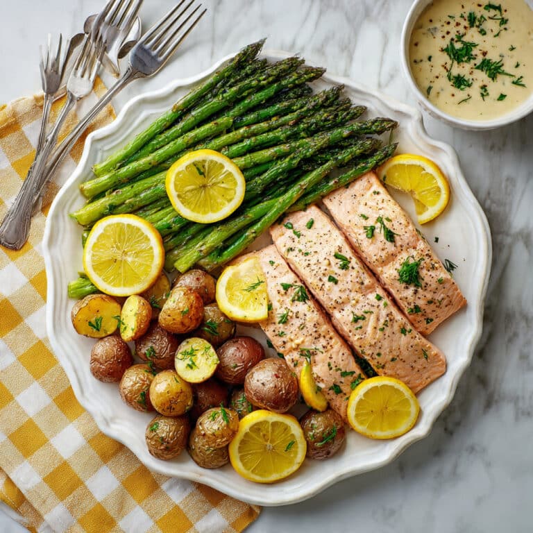 Sheet-Pan Spring Salmon with Roasted Potatoes, Asparagus, and Dilly Sauce Recipe
