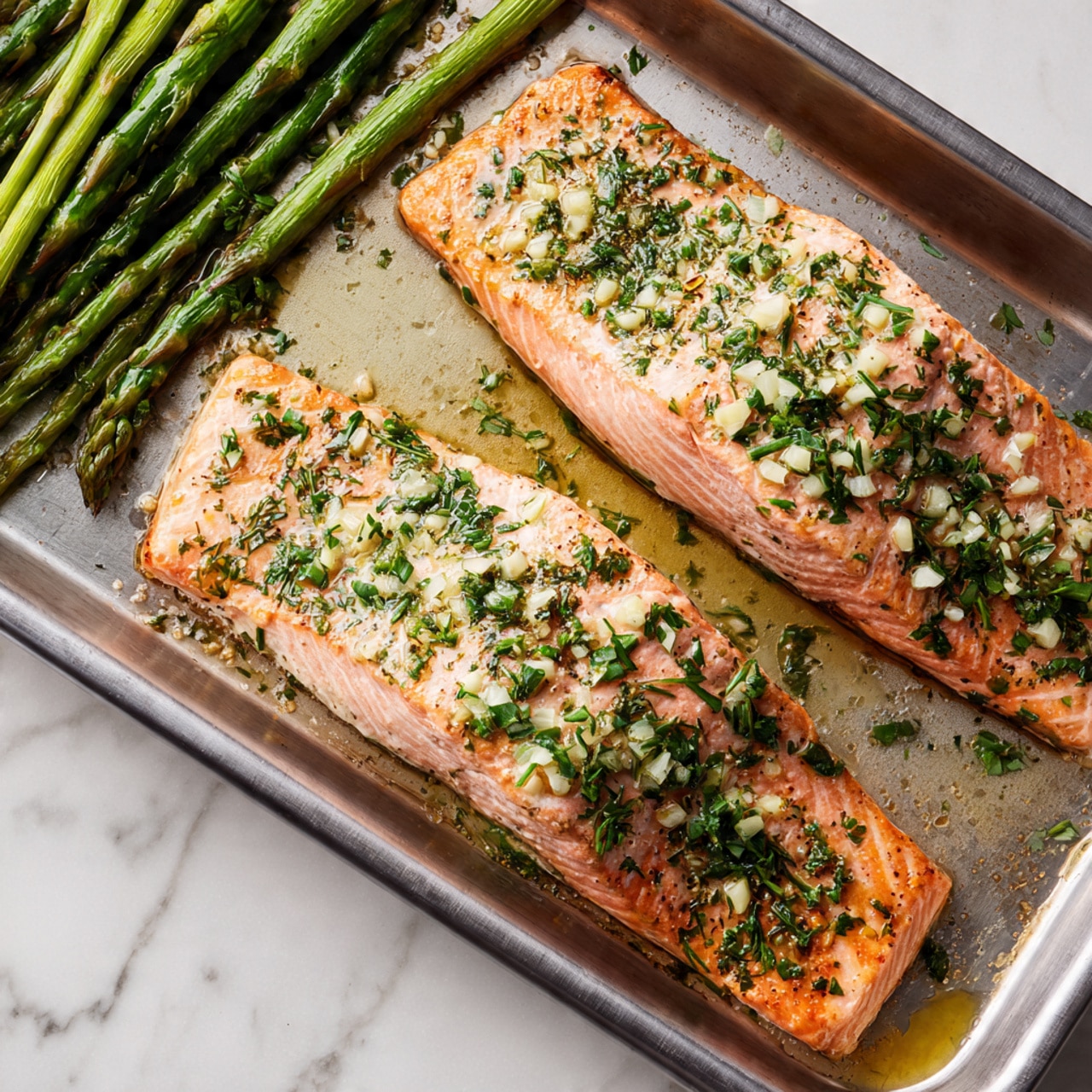Two cooked pink salmon fillets lie side by side on a baking tray. Each fillet has a moist, flaky texture with small white fat lines visible underneath. The top of the salmon is sprinkled with finely chopped green herbs and small bits of garlic, creating a fresh, textured layer. A light drizzle of oil glistens on the surface, adding shine and moisture. On the left side, several bright green asparagus spears are partially visible, adding color contrast. The setting is on a white marbled texture. photo taken with an iphone --ar 4:5 --v 7