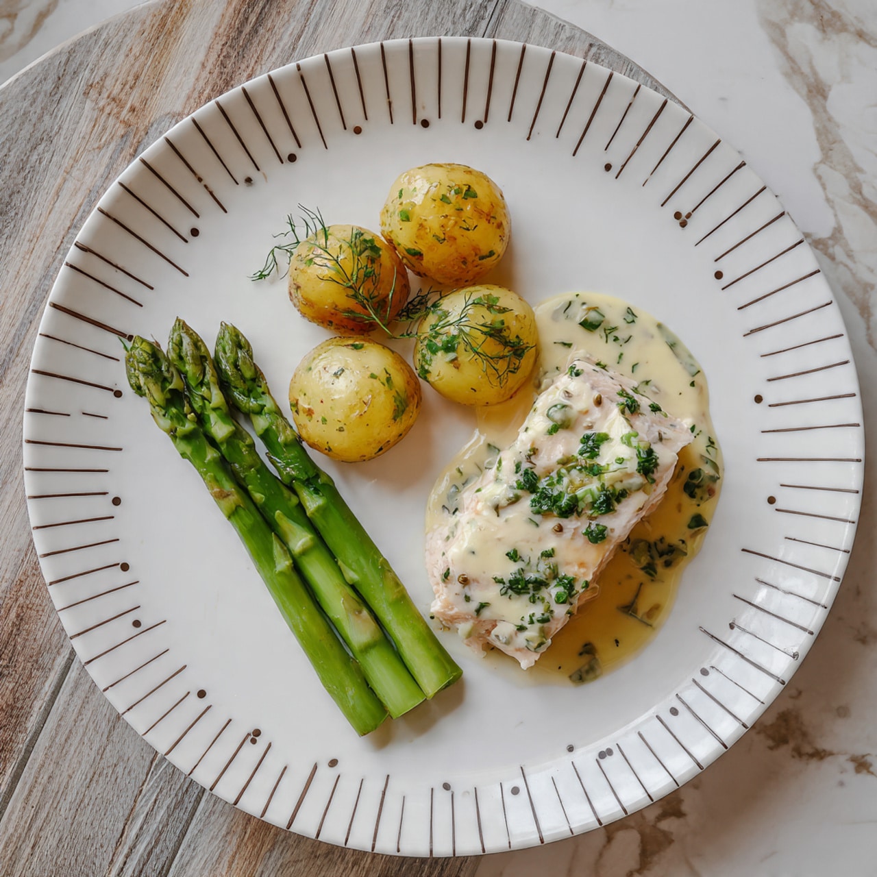 The white plate shows a meal with three main parts: three green asparagus stalks on the left, three golden brown potato halves seasoned with herbs in the middle, and a piece of light pink cooked fish topped with green herbs on the right. A light cream sauce is on top of the fish and potatoes, adding a smooth, pale layer. The plate has a decorative radial pattern with small circles near the edge. The background is a white marbled textured surface with a rustic wooden table partially visible. Photo taken with an iphone --ar 4:5 --v 7