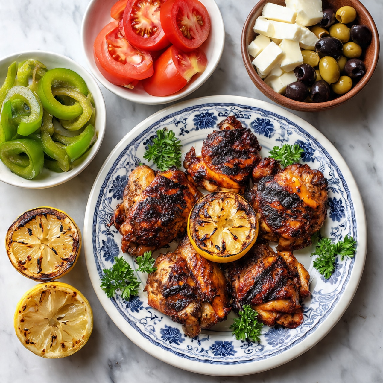 On a white plate with a light blue pattern, there are seven pieces of grilled chicken, each showing dark grill marks and a golden brown texture. Interspersed are a few bright green parsley leaves for garnish. Alongside the chicken, there are three lemon halves that are slightly charred with deep brown grill marks on their yellow flesh. To the top left, a white bowl holds a salad with thick green slices of bell pepper, halved red tomatoes, white crumbled cheese, black olives, and thin white onion rings layered on top. To the right, a small white bowl holds a mix of green and black olives with a shiny surface. The whole scene is set on a dark wooden table. Photo taken with an iphone --ar 4:5 --v 7