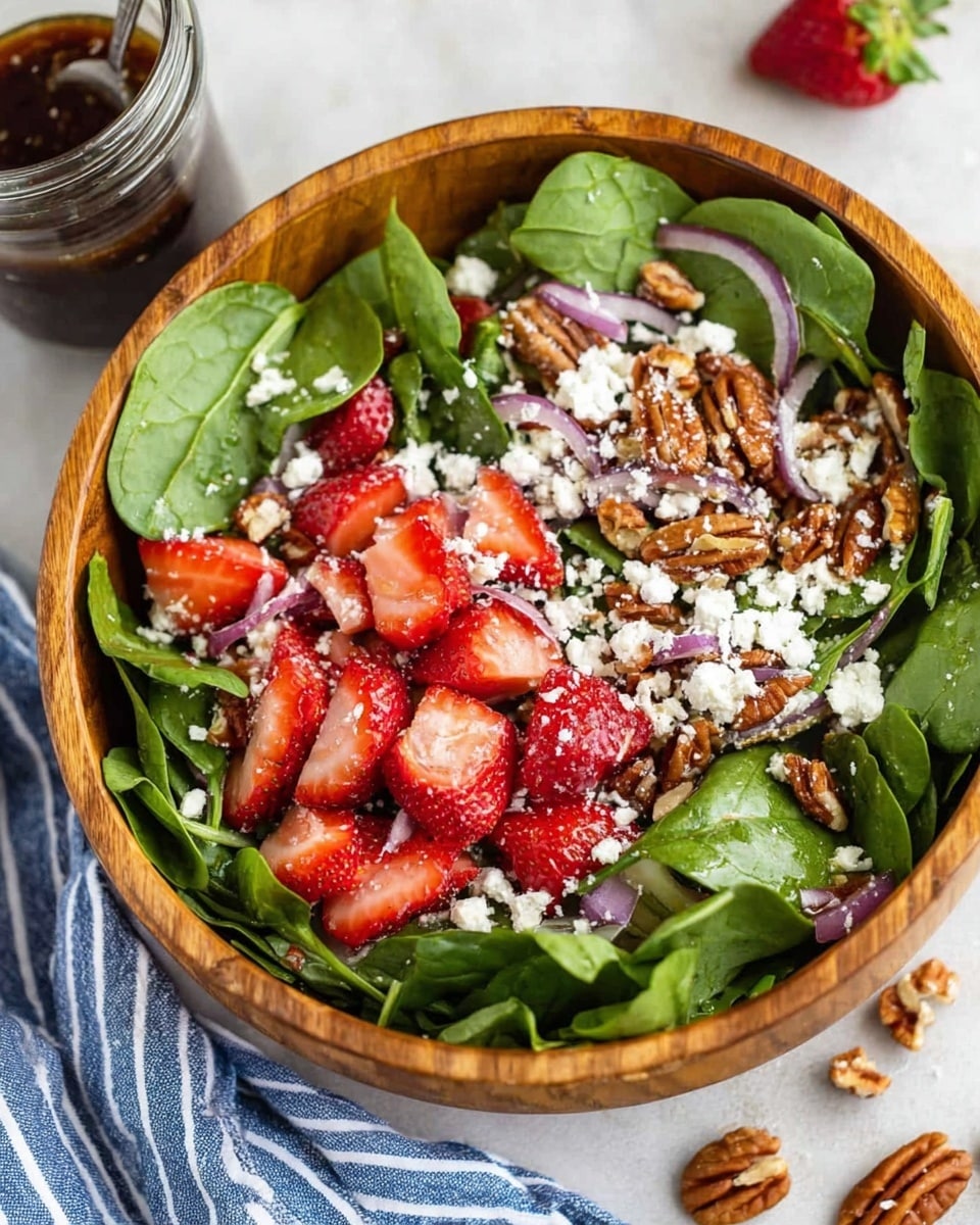 A wooden bowl filled with a fresh salad shows three main layers: a base of bright green spinach leaves, a middle layer of sliced red strawberries with a juicy texture, and a top layer of white crumbled cheese sprinkled with chopped brown pecans and thin, light purple onion slices, all mixed together lightly. The bowl sits on a white marbled surface with some pecan pieces and a clear jar of dark dressing visible nearby, and a blue and white striped cloth under the bowl. Photo taken with an iphone --ar 4:5 --v 7