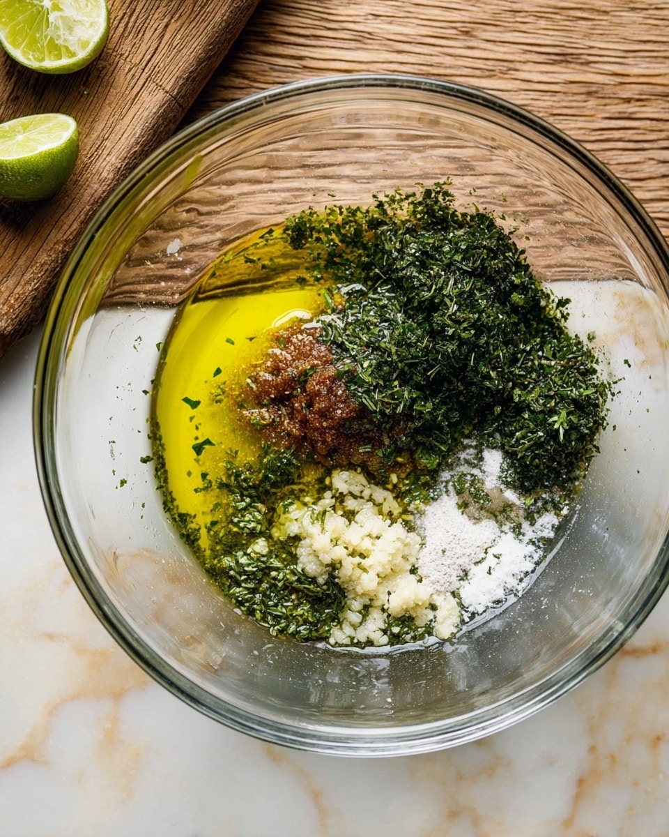 A white plate sits on a white marbled surface, holding two grilled chicken thighs with a rich golden-brown color and some dark charred spots. The chicken is topped with a creamy, green herb sauce that drips down the sides. Around the chicken is a bed of fluffy white rice. Thin slices of lime with dark green edges are placed on and around the chicken. Fresh green cilantro leaves add contrast and a fresh look. The whole dish looks bright, fresh, and colorful. photo taken with an iphone --ar 4:5 --v 7
