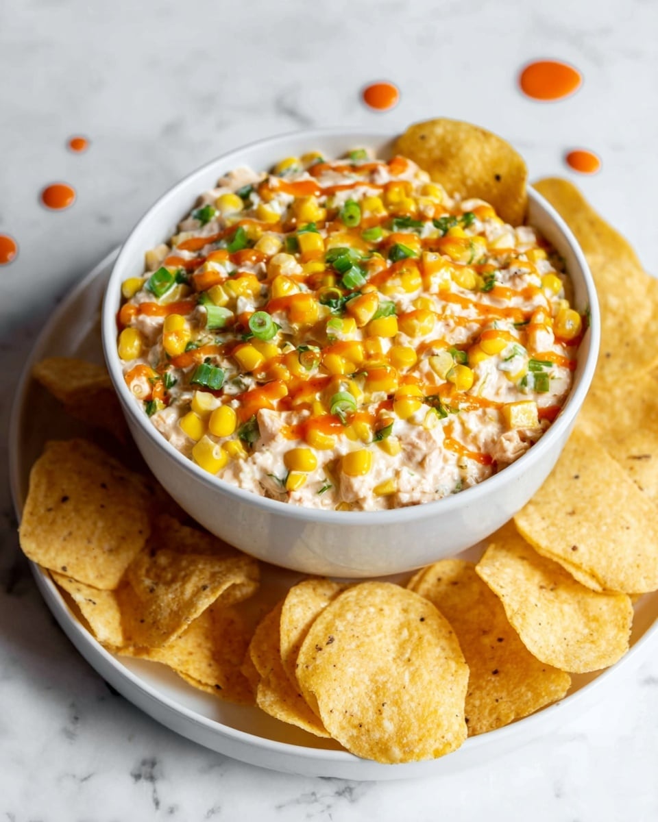 A white bowl filled with a creamy layered corn salad, showing bright yellow corn kernels mixed with small pieces of light orange and white creamy sauce. There are sliced green onions scattered on top, adding fresh green color throughout. The creamy texture is smooth but chunky with bits of corn and veggies. A single yellow crunchy chip is partially dipped in the salad on the right side of the bowl. Around the bowl, more yellow chips are placed on a white marbled surface. The whole image is clear and close-up, giving a fresh and tasty look. Photo taken with an iphone --ar 4:5 --v 7
