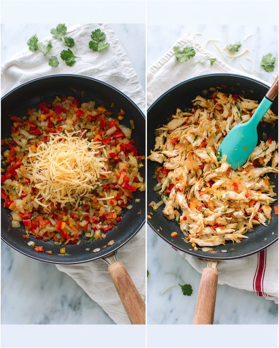 The image shows two side-by-side views of a black frying pan on a white marbled surface with a white cloth underneath that has a red stripe. In the left view, the pan contains a color mix of cooked diced onions, red and yellow bell peppers forming a colorful textured base layer, topped with a mound of shredded pale beige chicken in the center. A turquoise spatula with a wooden handle is partially resting in the pan on the right side, touching both layers. The right view depicts the ingredients after being mixed thoroughly, showing an even blend of shredded chicken and diced vegetables, creating a mix of light beige, red, yellow, and translucent textures. There are scattered shredded cheese and cilantro leaves on the white marbled surface near the pan edges. Photo taken with an iphone --ar 4:5 --v 7