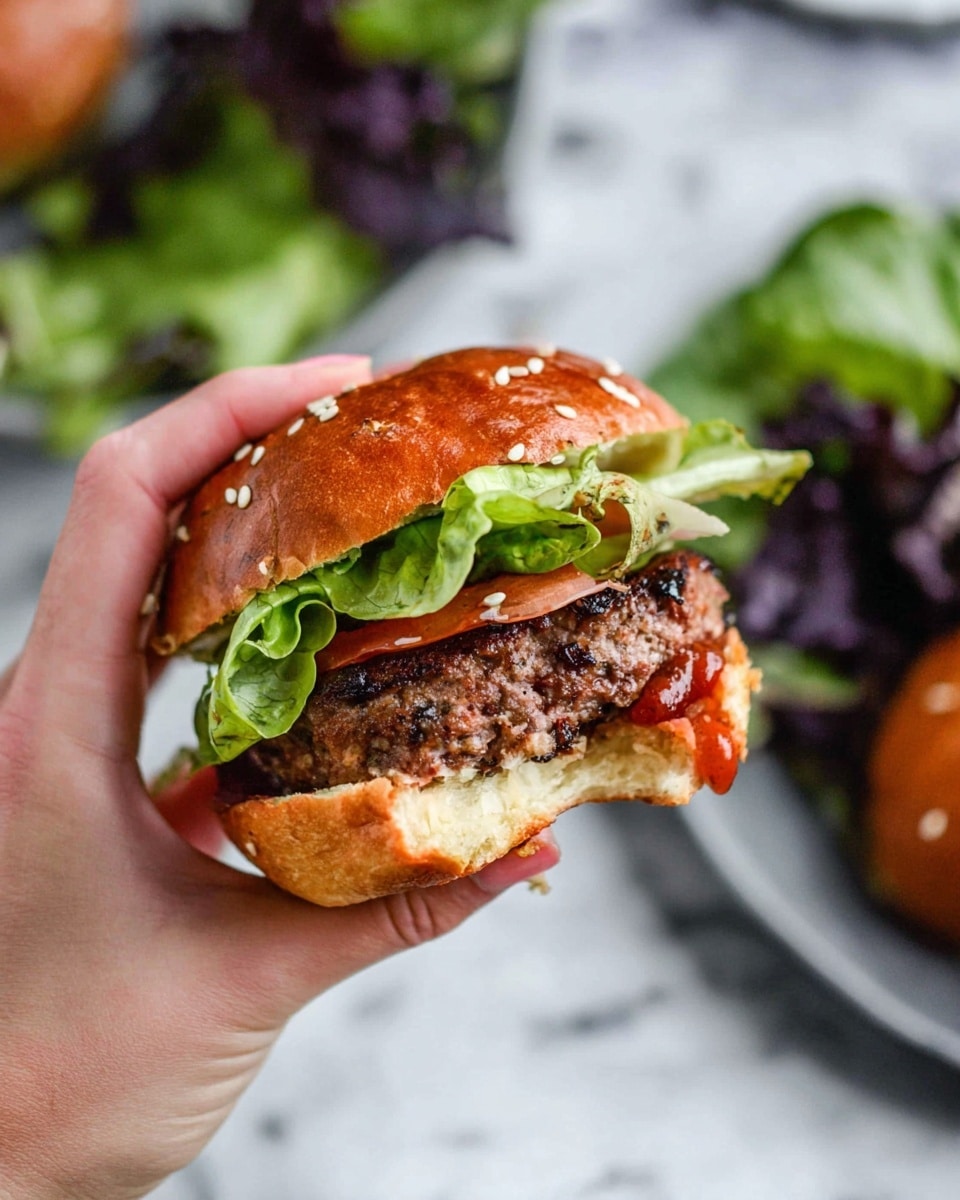 A close-up of a small burger on a white plate with a dark rim placed on a white marbled surface. The burger has four layers: the bottom layer is a shiny, toasted bun with some ketchup spilling out; above it are two thick slices of bright red tomato; next is a thick, juicy beef patty with melting orange cheese dripping slightly; on top of the patty is a fresh, green leaf of lettuce; the burger is finished with a glossy, brown pretzel bun sprinkled lightly with white sesame seeds. In the background, there is a blurred second burger and some leafy greens on the right side. Photo taken with an iphone --ar 4:5 --v 7