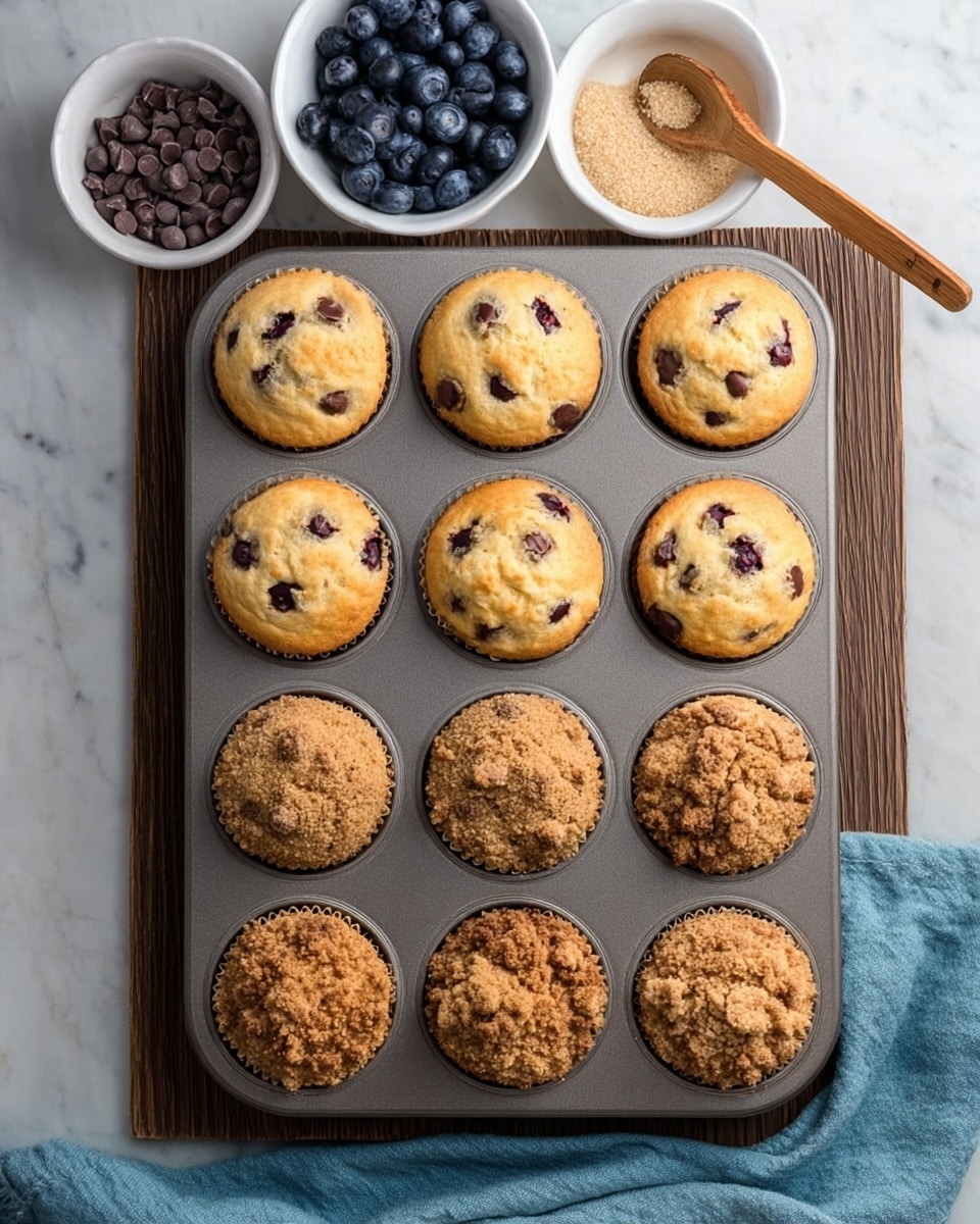 A close-up view of four blueberry muffins arranged on brown parchment paper over a white marbled surface. Each muffin has one golden brown baked outer layer with a slightly smooth texture and a top layer of soft light yellow cake, dotted with several dark purple blueberries showing juicy details. Around the muffins, there are loose fresh blueberries scattered that are a deep bluish color with a shiny, smooth surface. The background is slightly blurred but shows part of a white bowl and more blueberries. The lighting gives a warm and fresh feeling to the image photo taken with an iphone --ar 4:5 --v 7